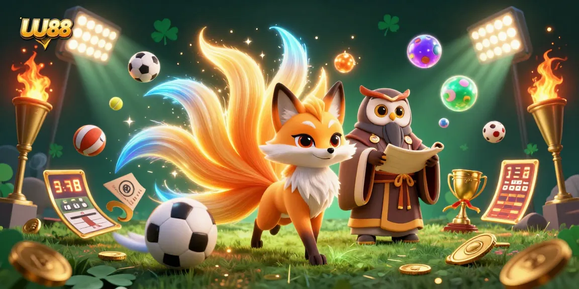 Bet at UU88 with vibrant colors showcasing a magical scene of a nine-tailed fox supporting sports and gaming elements.