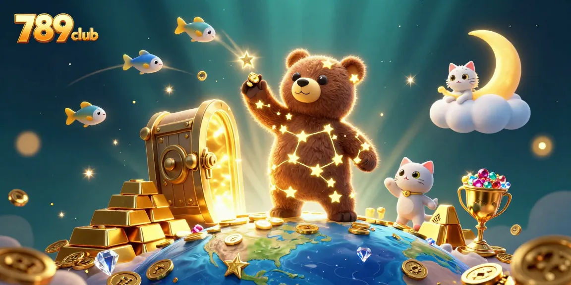 Engage with vibrant 789club treasures and gaming experiences in a captivating cosmic illustration.