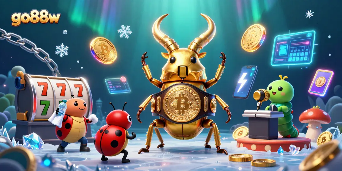 Experience the thrill of go88w with a dynamic 3D casino scene featuring unique characters and glowing cryptocurrency elements.