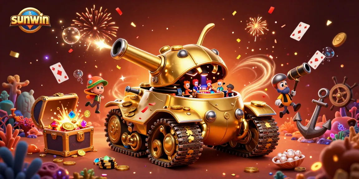 Win big at sunwin with a vibrant 3D casino scene featuring a golden beetle tank and festive elements.